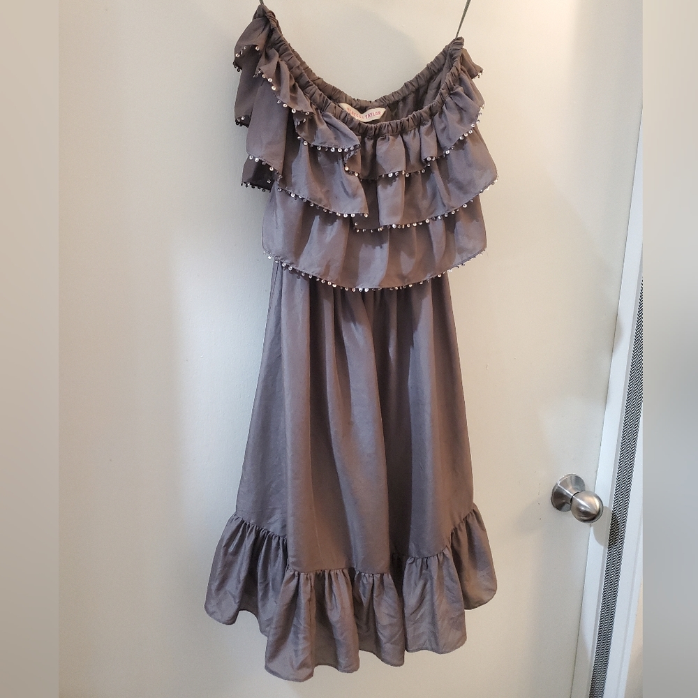 Rebecca Taylor silk party dress, ruffled, off shoulder, silver sequins, size 2